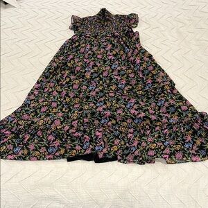 Likely Black and Pink Midi Sundress with Smocked Bodice and Flutter Sleeves
